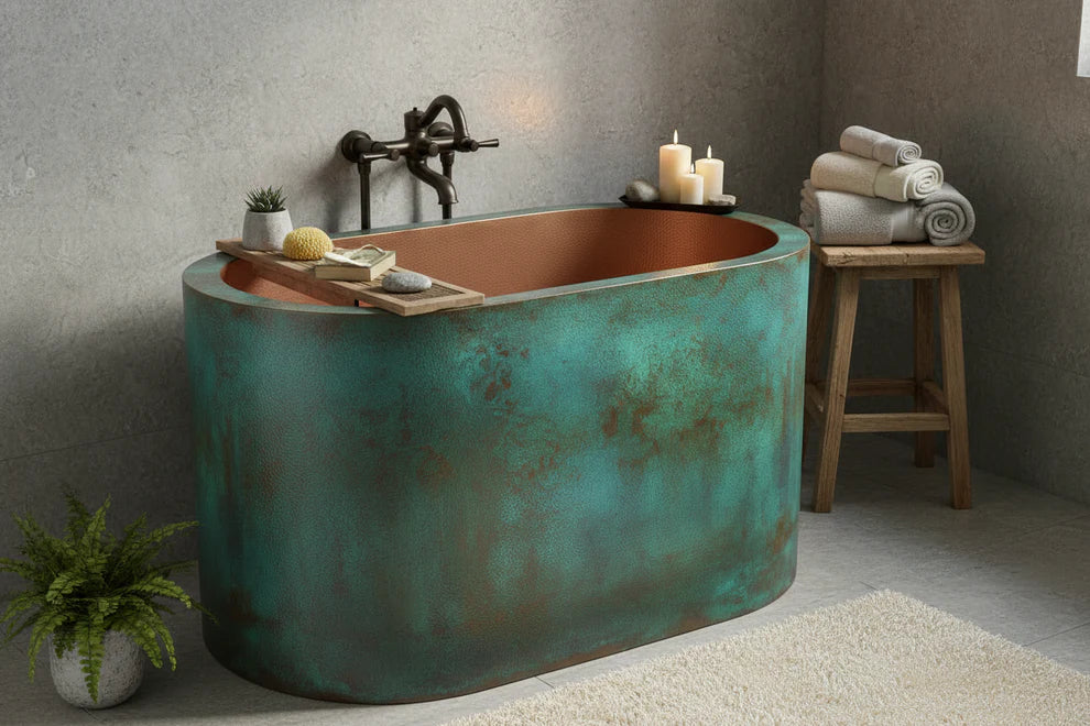 Verdigris/Antique Copper Hammered Double Wall Oval Japanese Soaking Tub