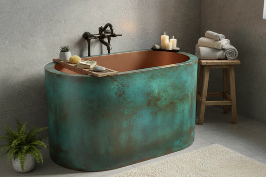 Verdigris/Antique Copper Hammered Double Wall Oval Japanese Soaking Tub